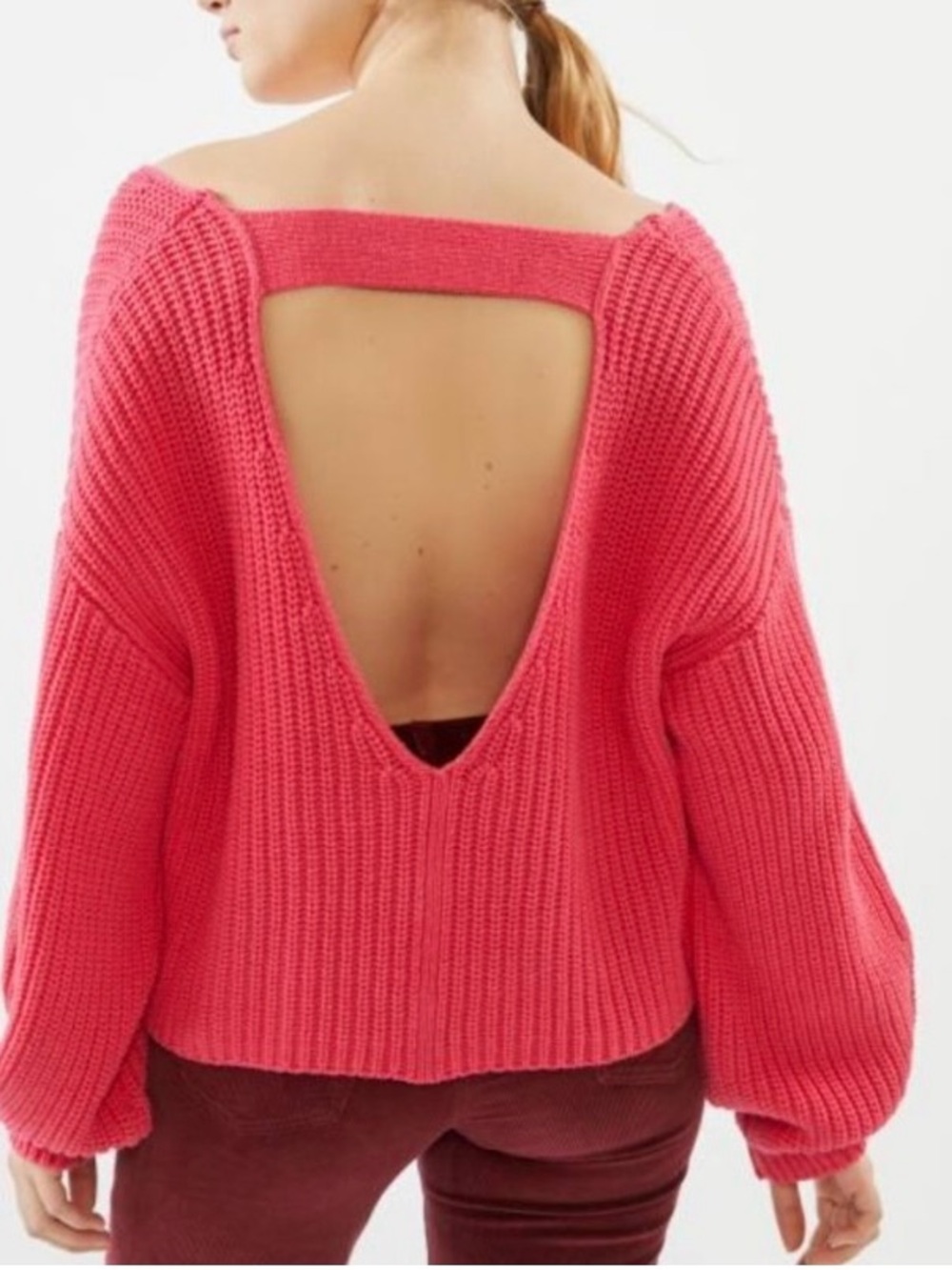 Urban Outfitters Open-Back Chunky Knit Sweater in Coral Pink